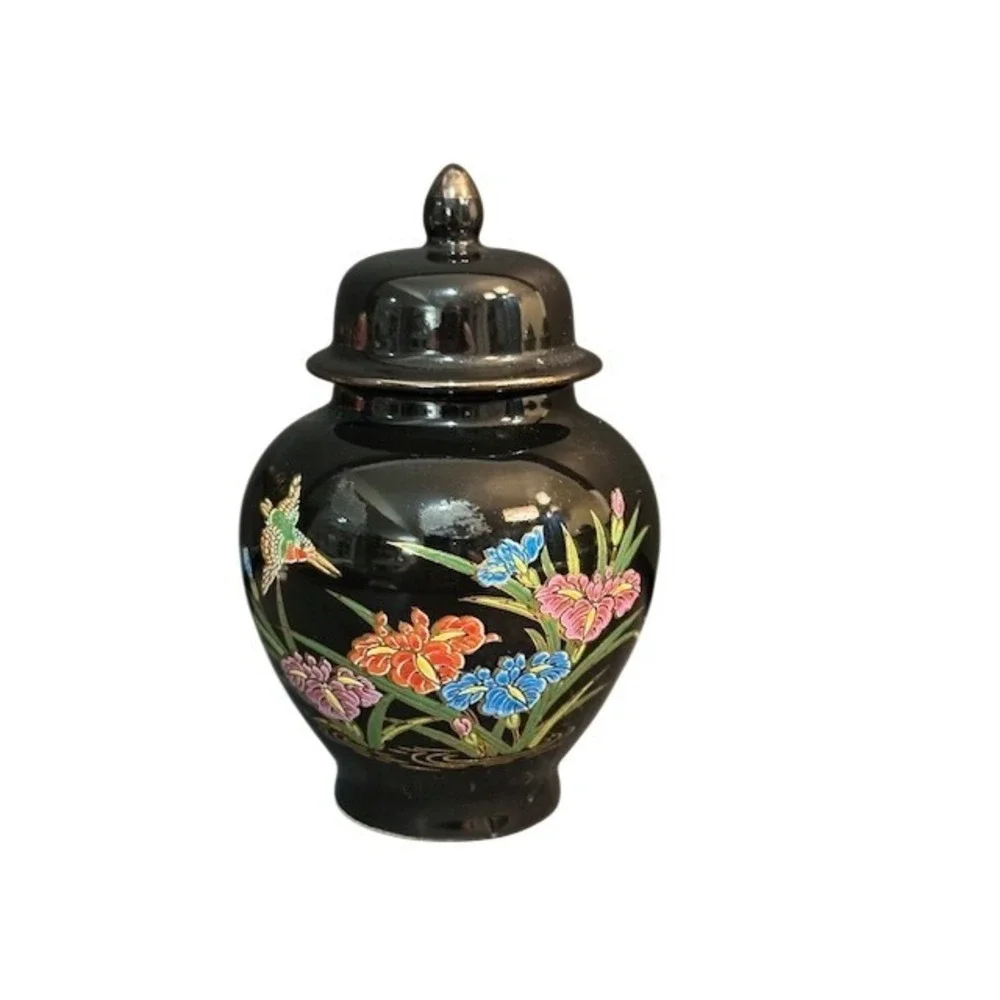 VTG Japanese Black Porcelain Ginger Jar Hummingbird Floral Iris Made‎ in Japan